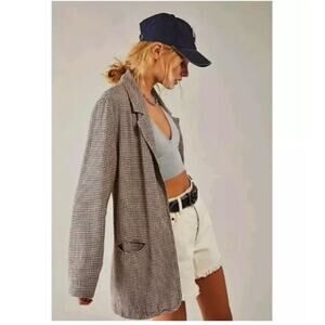 Free People Plaid Beckett Boyfriend Blazer Linen Blend size medium 90s academia
